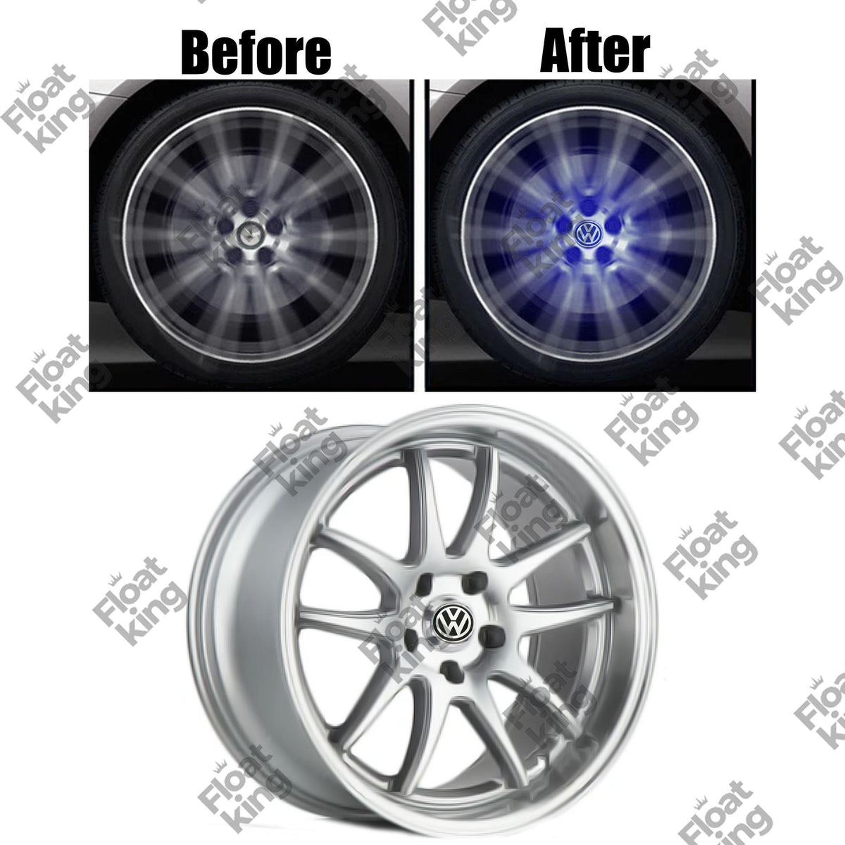 Volkswagen 2 Floating Center Caps how it looks on Rim