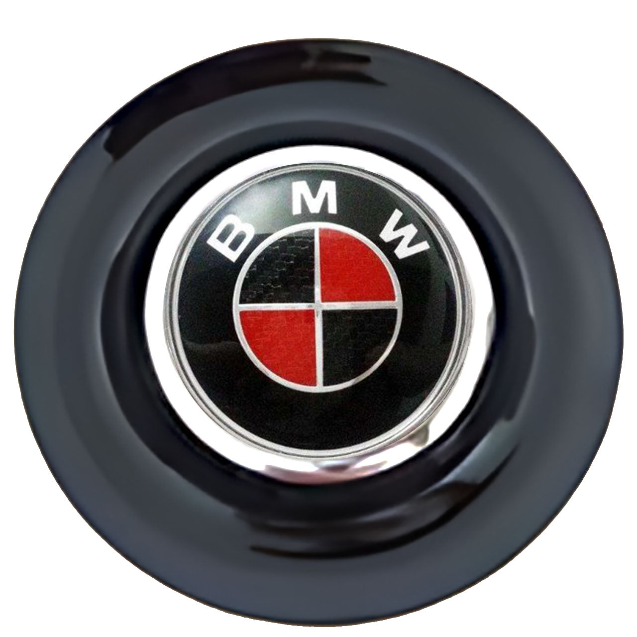 BMW Black & Red Floating Center Caps Black Cap Chrome Ring