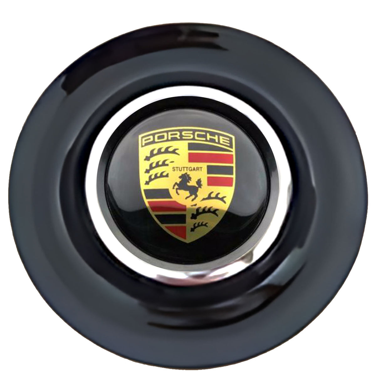 Porsche 2 Floating Center Caps Black Cap Chrome Ring