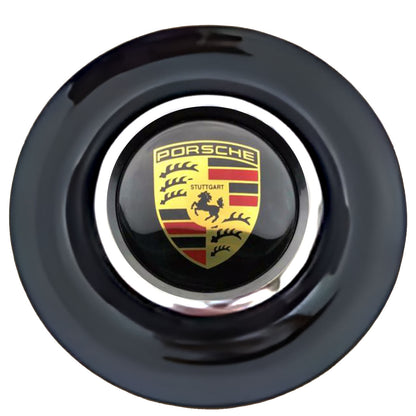 Porsche 2 Floating Center Caps Black Cap Chrome Ring