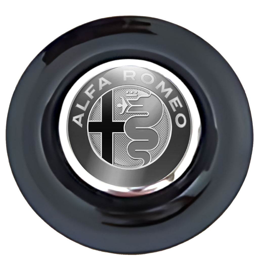 Alfa Romeo Black and White Floating Center Caps Black Cap Chrome Ring