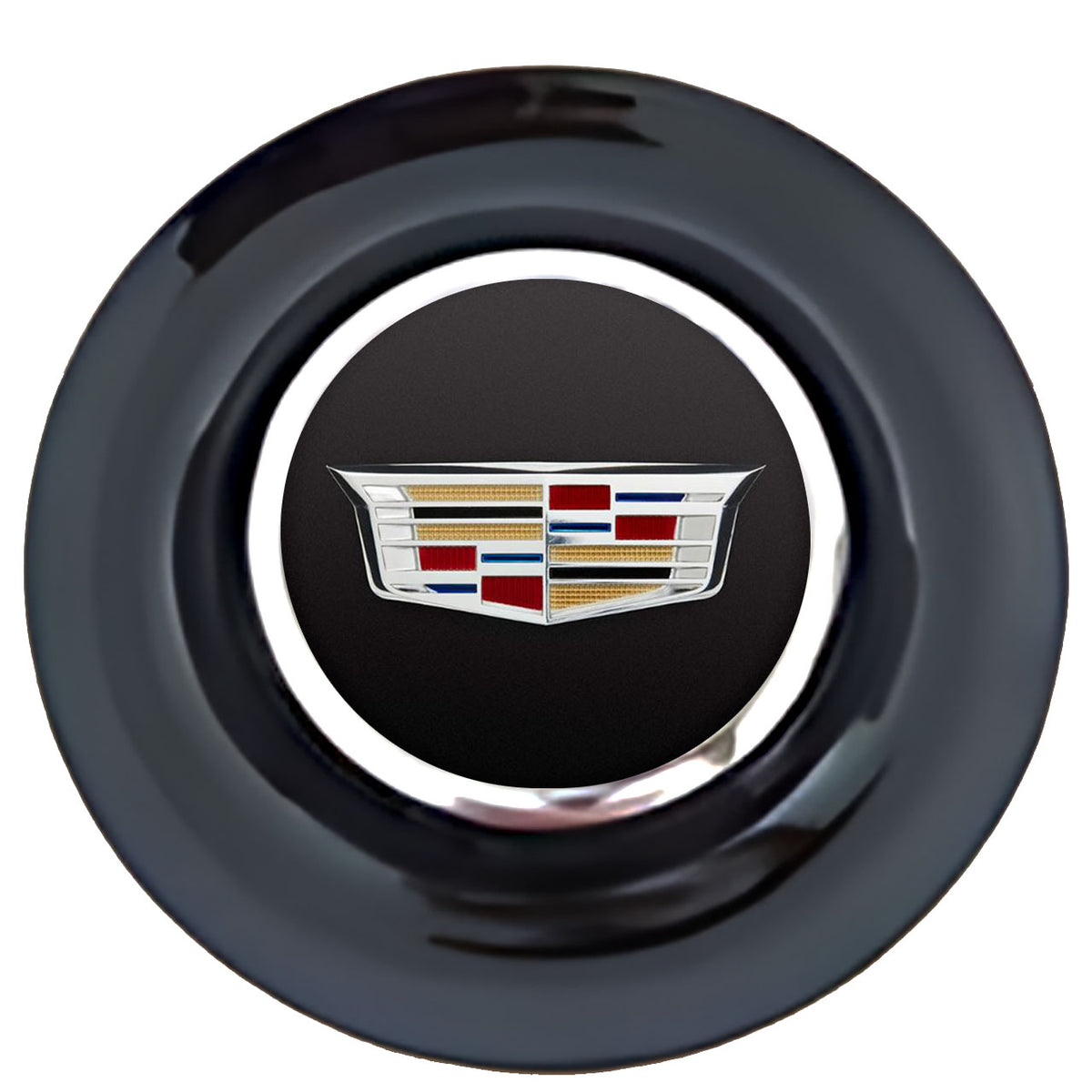 Cadillac Standard Floating Center Caps Black Cap Chrome Ring