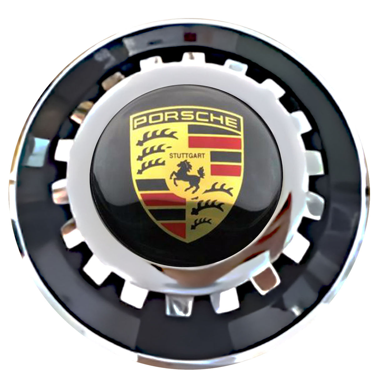 Porsche 2 Floating Center Caps Black With Gear Shape Center