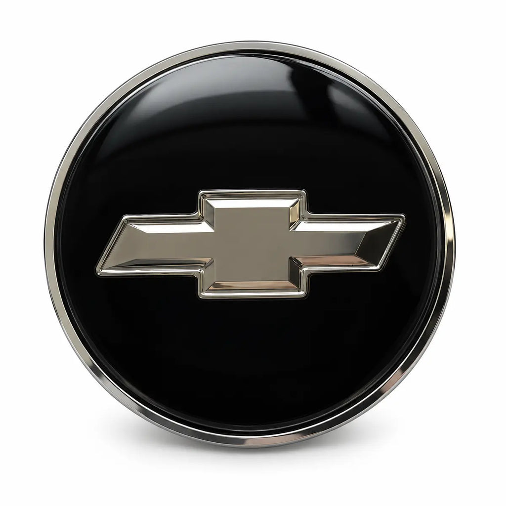 Chevrolet stock 83mm floating center cap with glossy black face, chrome bowtie and chrome outer rim