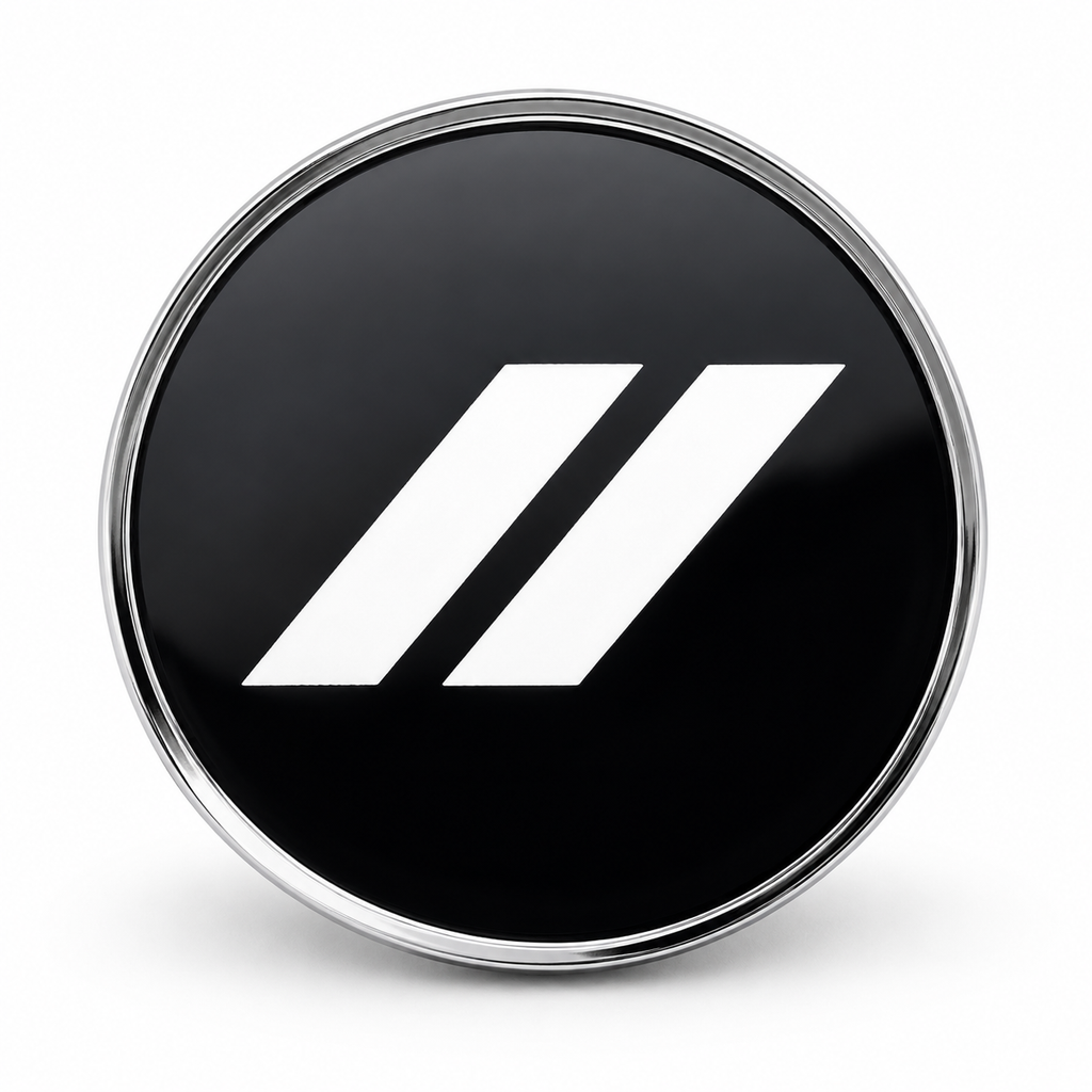 Dodge two-line logo floating center cap — white on gloss black, 63mm
