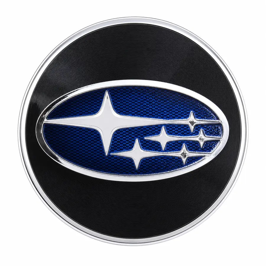 Subaru 59mm floating center cap with blue six-star emblem