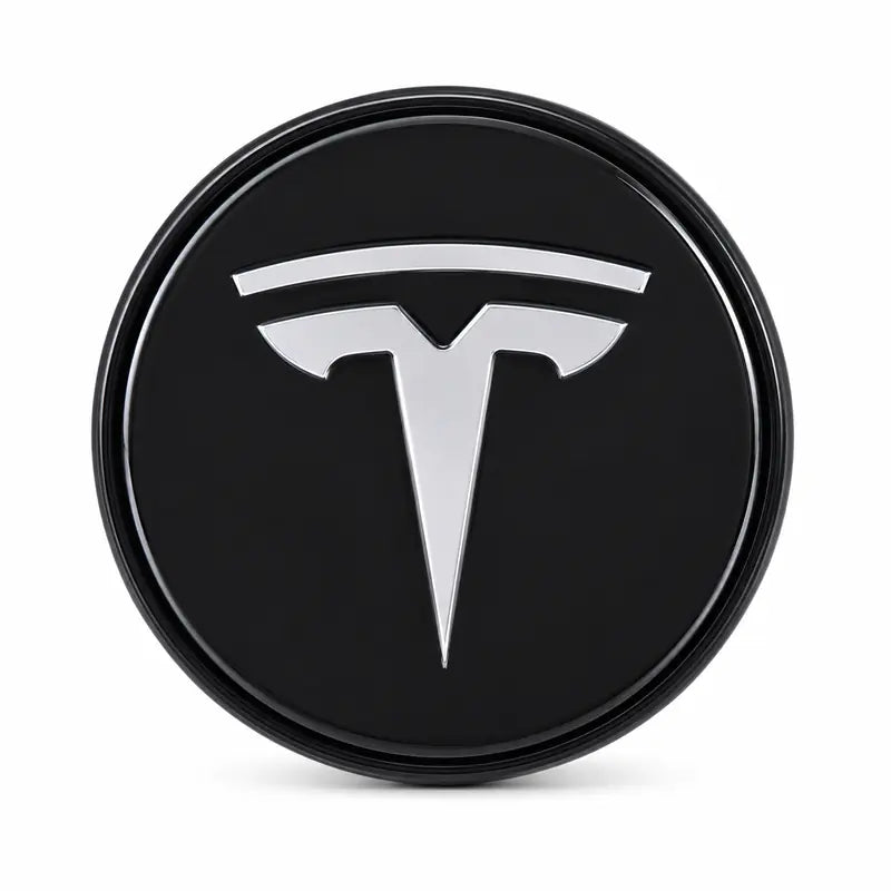 Gloss black Tesla floating wheel center cap with silver T emblem